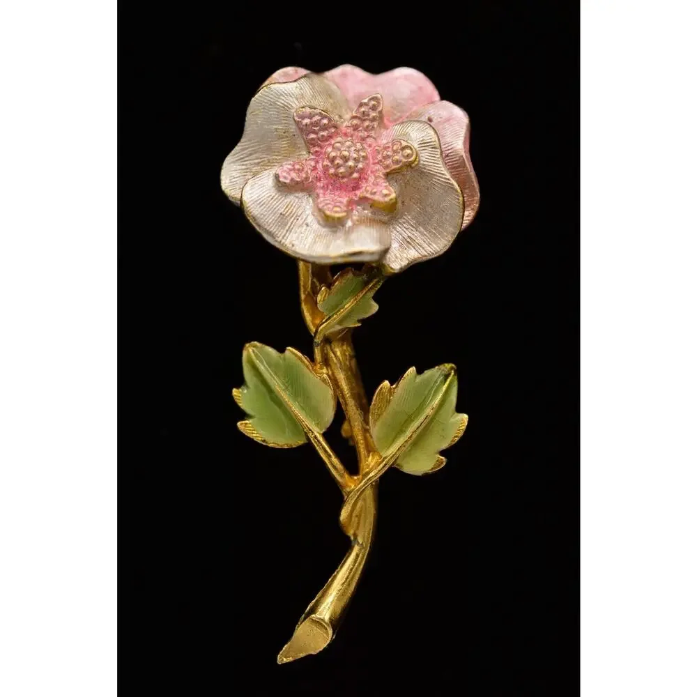 Vintage Flower Pin Brooch Brushed Gold Pastel Blush Pink Enamel Rose 1980s 9B